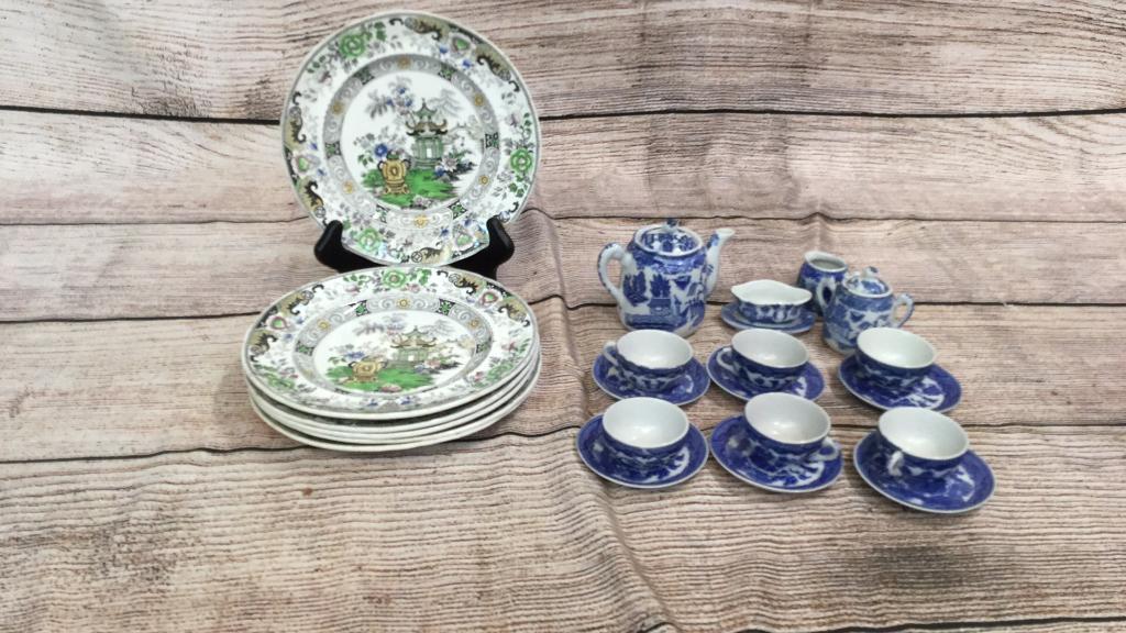 Blue Willow Tea Set, French Porcelain Plates: 6 Creil et Montereau French Faience Plates 8.inches, Pagodas w/ urn ...16 piece Blue Willow Childs Tea Set