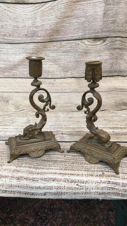 Pair Tiffany and Company Brass Candle Holders: Dolphin Form, stamped on base with #5992 and Tiffany ....8 1/2 inches tall....* cup inserts not matched