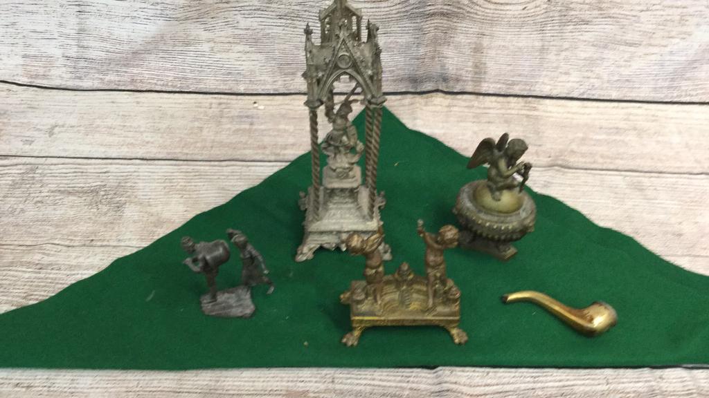 5 Pieces Spelter Decorative Objects: Clock Finials, Garniture Pieces...Sir George slaying the Dragon in a Arch...13 inches tall, repairs to 3 columns..brass 6 inch.cherub sitting on a pedestal...* top loose, ...pipe, 1904 Festival Hall C