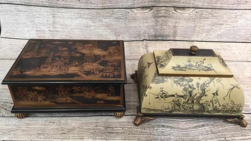 2 Decorative Table Boxes, Asian Influences: 7 x 15 inch box in black and gold on a melon foot, 10 x 13 inch casket shaped box removable lid..metal feet