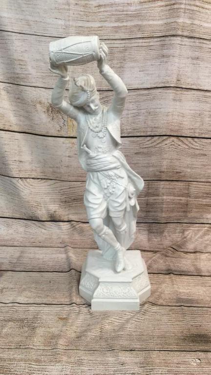 Spelter Figural of Man in Turban: 28 inches, Indian Man in turban holding a drum, in white paint
