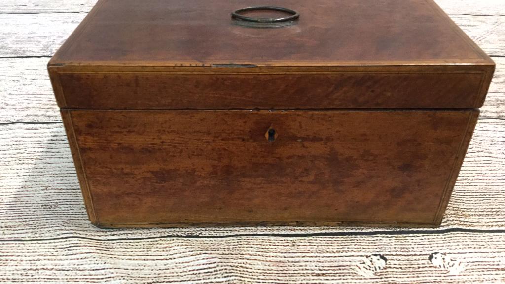 English Mahogany Tea Box: 12 x 6 x 6 inches, Fitted interior..inlays..lift top * handle has been replaced...some loss string inlay at rim