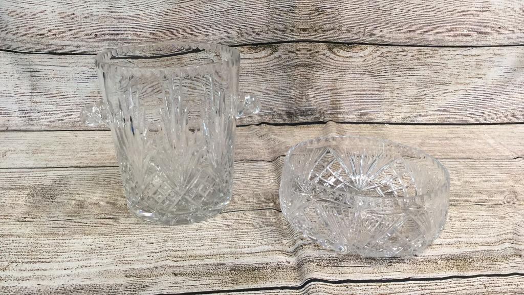 Crystal Ice Bucket, Gorham Crystal Bowl: 9 x 8 inch cooler with handles, 9 inch bowl is Gorham...no chips