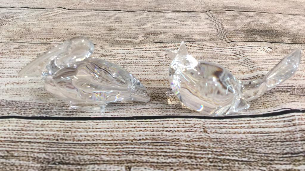Baccarat Pelican, Steuben Bird: Pelican is 5 inches signed on base...bird has open mouth 5 1/2 inches...signed