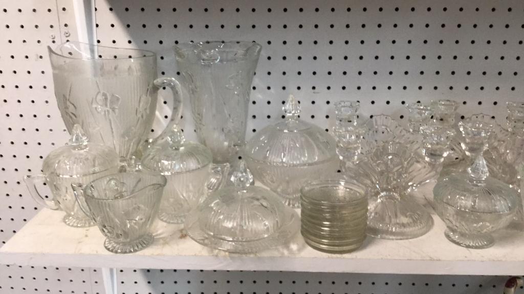 22 Pieces Jeannette Iris and Herringbone Clear: Includes Serving Pieces as vase, Water pitcher, cream and sugar sets, candy dish, coasters, round covered butter, double candle holders