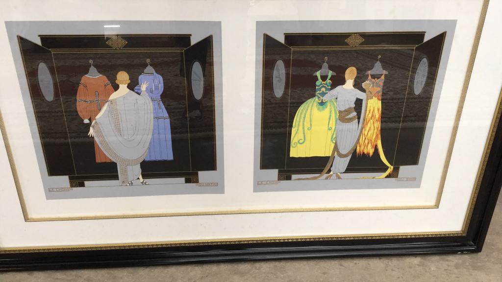 Erte Serigraph The Choice: This work depicts side by side scenes of elegant woman making her dressing choices..36 x 18 as sight, mounted and professionally framed..* no signature or # showing but possibly under mat...we have NO
