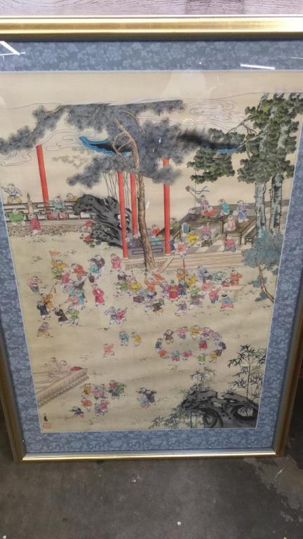 Chinese Hand Painting on Linen: 100 Children or 100 Suns and Children...playing in a school or courtyard...20 x 31...good color...signature at lower left
