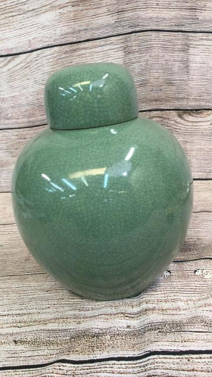 Asian Ginger Jar, Celedon Green: Lidded, 13 inches tall, craquelure over all,