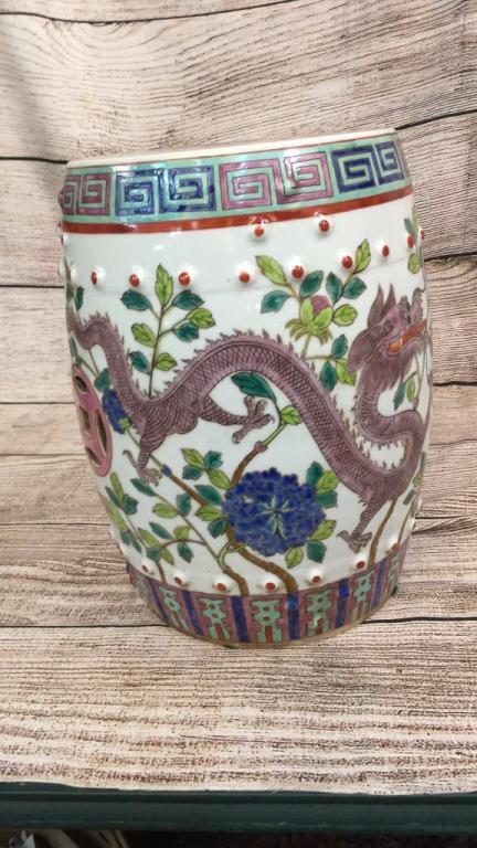 Asian Porcelain Garden Stool: 15 x 12 white glaze with dragon and Phoenix in garden setting, good condition