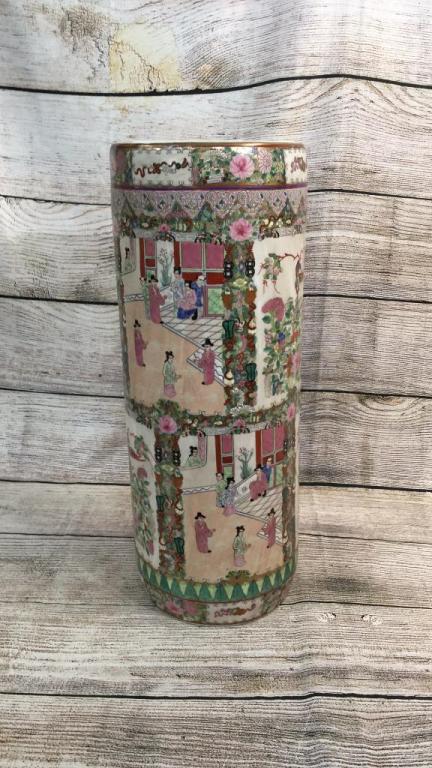 Famille Porcelain Umbrella Stand: 24 inches tall...varied scenes of courtyard, garden,...no marks...good condition