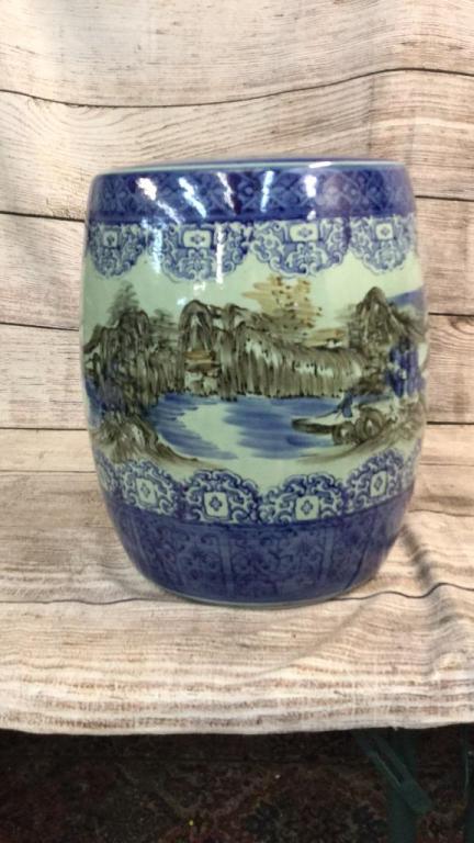 Asian Garden Seat: 16 inches tall...with blue and charcoal designs