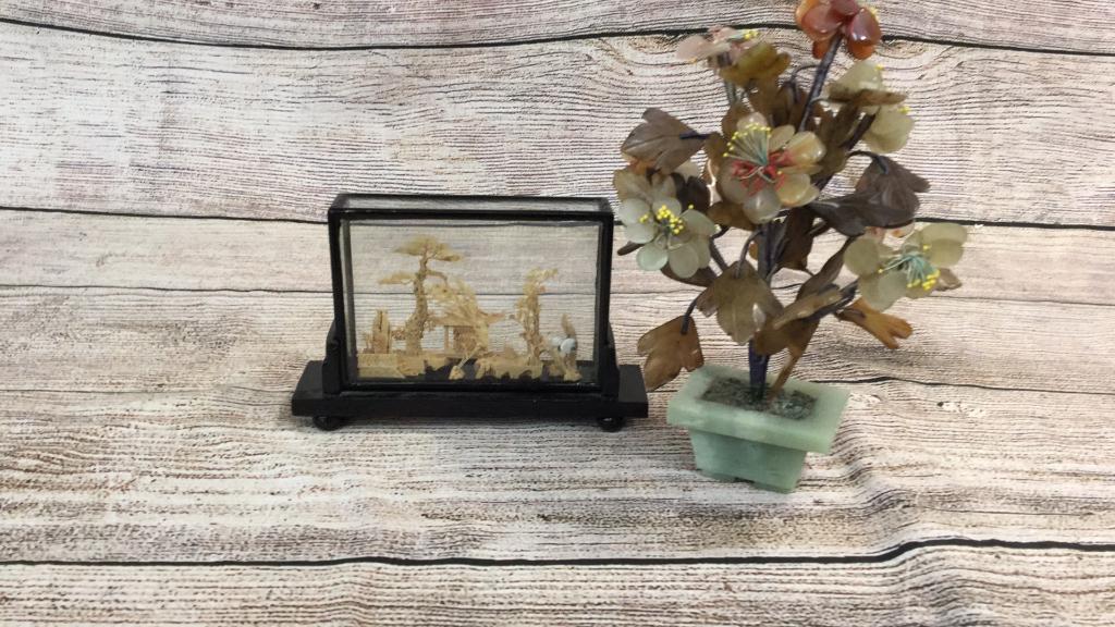 Asian Jade Tree, Cork Art Diorama: 8 inch jade tree in a hard Stone green planter...5 x 8 inch cork art of pagoda, garden