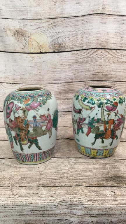 2 Famille Porcelain Temple Jars: 12 x 8 and 12 x 7 inches, processionals with attendant also bats and clouds...smaller Jar has a replaced wooden lid...larger jar no lid...hairline in base..need cleaning