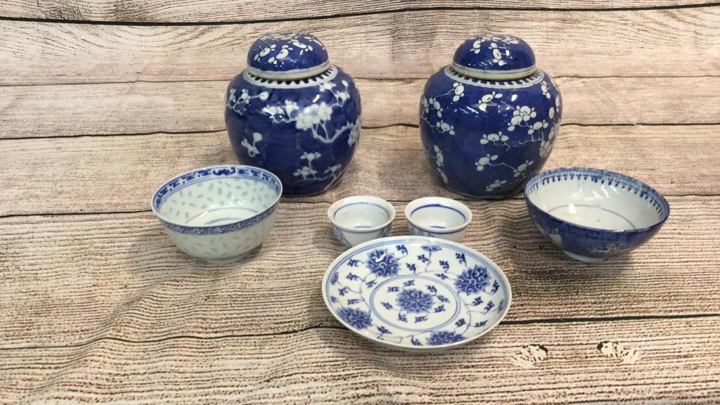 5 Pieces Asian Porcelain, Pair Ginger Jars: Tea Bowls are 4.5 x 2.5 inches, one w/ 4 character mark...5.5 inch plate w/ 6 character mark, pair 6 inch lidded jars also 4 character mark...2 small bowls unmarked