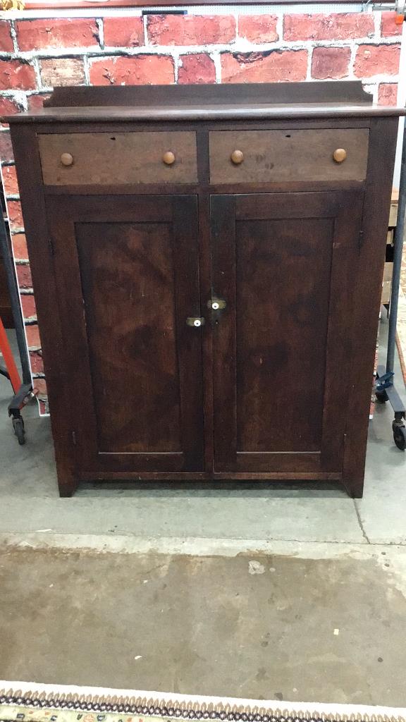 19th C Walnut Jelly Cupboard w Back Splash: Paneled doors, split drawer, 56 tall x 49 wide x 56 tall to top, drawers have been stripped