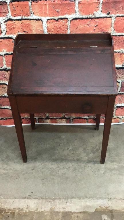 Yellow Pine School Masters Desk: Galley, 4 interior drawers, missing lock, original red wash 38 tall x 29 wide x 20 deep