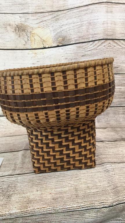 Cherokee Burden Basket: Woven Split Oak with walnut dyed weavers, 13 x 15 inches,square to round form...wrapped rim...no broken weavers