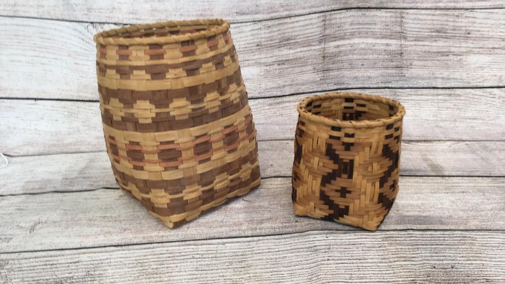 2 Cherokee Split Oak Storage Baskets: 11 x 8 inch basket blood root and walnut dyes chain pattern, 6.5 x 6 inch basket with butternut dyed weavers....both good condition