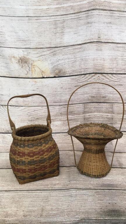2 Decorative Baskets: 18 inch Flower Basket with handle, vine weavers, faded colors...17 x 7 inch round basket with swing handle, contemporary dyed weavers..red and blue