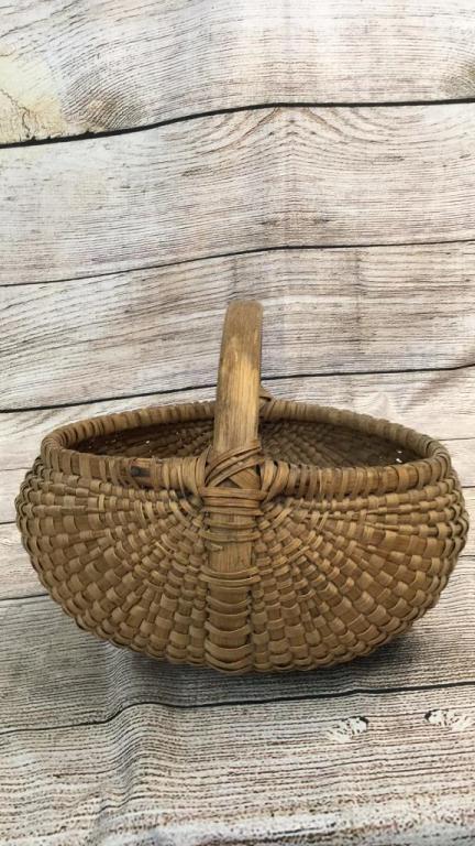 Woven Appalachian Gathering Basket: 12 x 9 inches, carved and notched wood handle basket, old nails at rim * small breaks to weaver at handle