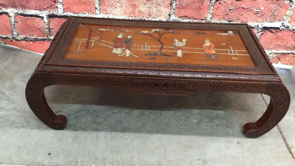 Vintage Asian Sake Table: Hard stone inlay, highly carved, drawers on both sides 37 long x 16 deep x 12 tall