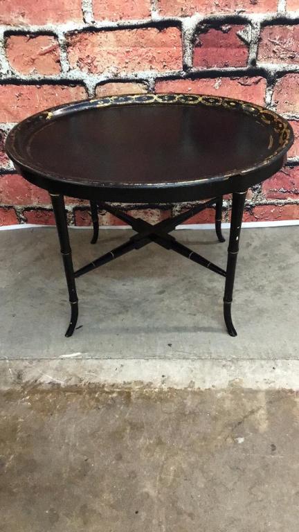Black Lacquered Oval Tray on Stand: Faux bamboo stand, some damage on tray rim, see photos 19.5 tall x 28 wide x 22 deep