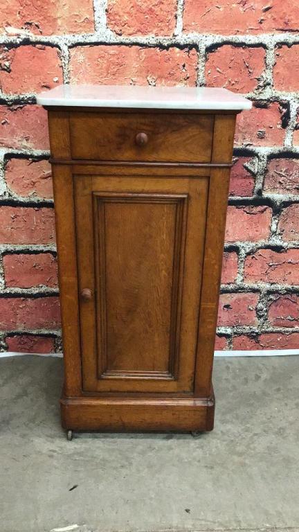 Belgian Oak Nightstand W Marble Top: Paneled door, dovetailed drawer 32.5 tall x 14 deep x 16 wide