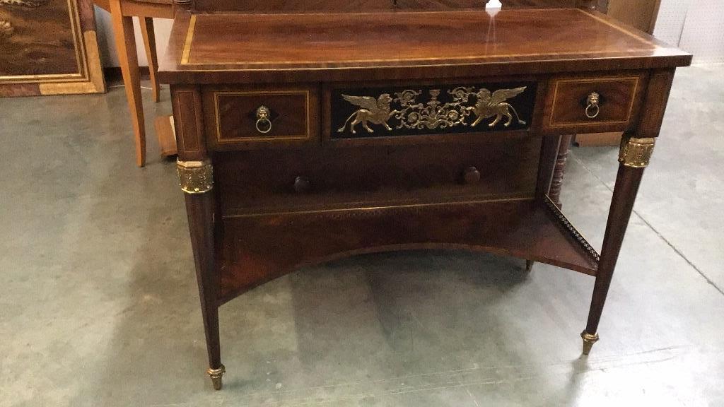 Maitland Smith Neo Classical Mahogany Server: Brass ormolu mounts, inlaid, 34 tall x 44 wide x 20 deep