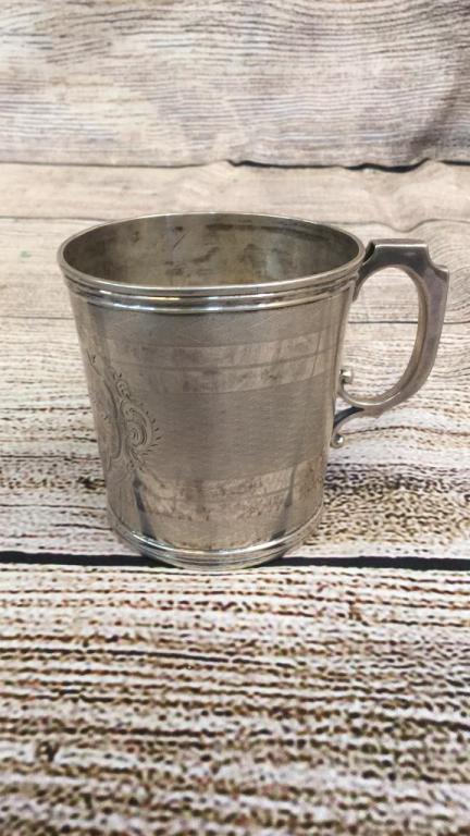 Coin Silver Baby Cup: 3 x 4 inches, hand chased design, monogrammed front, base stamped M. Shaw—-, Coin, 2