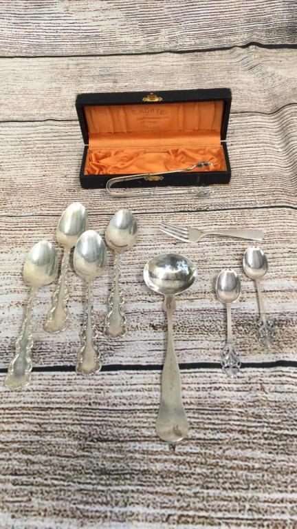 Sterling and Coin Flatware: Sterling tongs w/ talon feet in Original box, 4 Sterling tea spoons, baby fork, 2 demitasse spoons marked Martinson.Norway.... Sterling, coin silver spoon stamped WH Elliott
