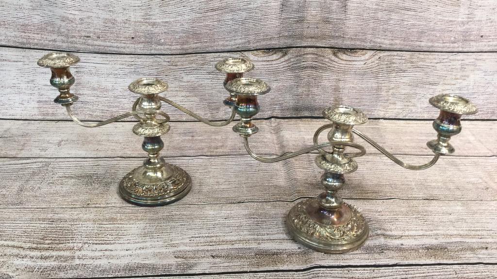 Pair Silver on Copper English Candelabra: Ornate Decorative 3 light Candleabra with detachable drip cups
