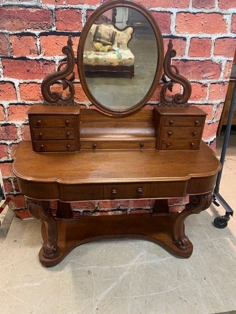 19th C Brittish Mahogany Dressing Table: oval mirror, bow front47 wide x 20 deep x 61H