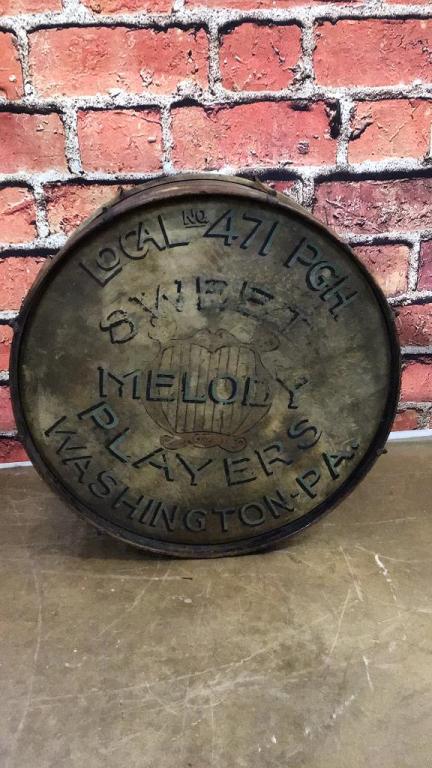 Local 471 Pittsburgh Musicians Union Drum: Sweet melody players Washington PA Decorative sweet Mary’s Rhythm & Blues band on reverse 26 diameter x 12 tall