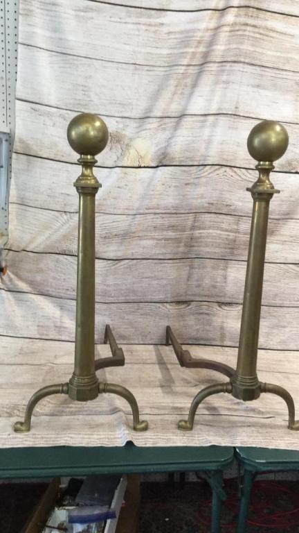 Pair Monumental Brass Andirons: 33 inches tall, 14 inches at base...Federal style resting on pad foot...impressive