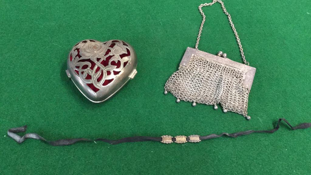Silver Mesh Purse, Lenox Plated Heart,Tin Type: Small bracelet ...Purse is German Silver, Lenox Heart marked Kirk Steiff, ribbon necklace with 3 small name tags...tintype of Couple..he in a uniform( not military)