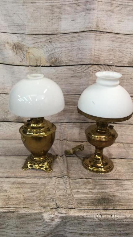 2 Converted Brass Table Lamps: 18 inch lamp is Rayo with an Aladdin burner.19 inch lamp is marked Miller..both with milk glass shades ...(176)