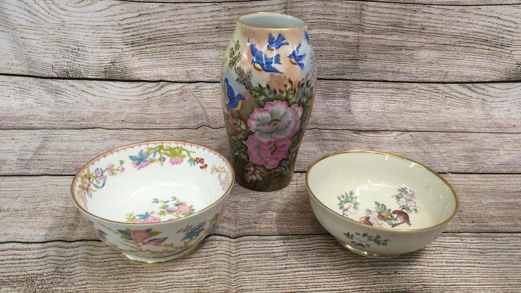 Limoge Vase, MintonBowl, Lenox Bowl: 12 inch Limoge Bluebird Vase, hand painted...Minton 8 inch bowl...with bird...Lenox Seranade 8 inch bowl w/ gold trim...(109,177)