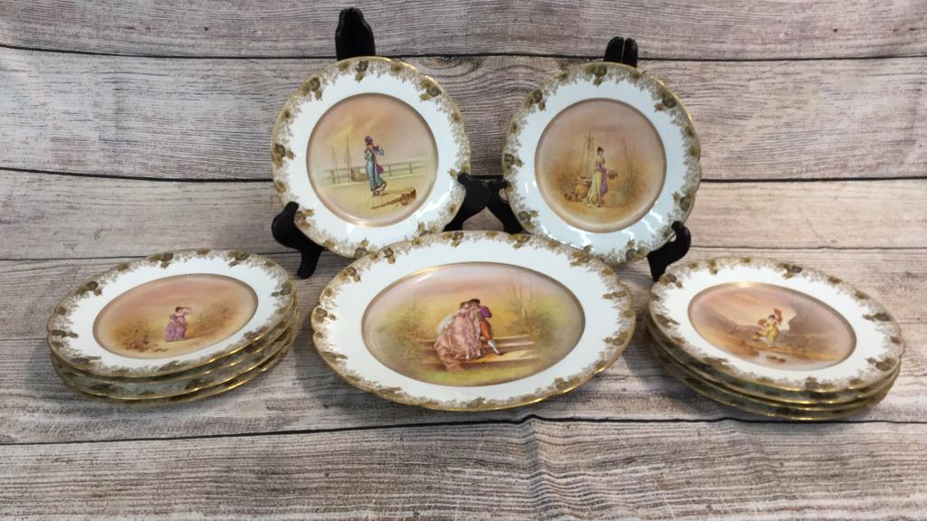 Limoge Porcelain Service, Attribution to Jean: Pouyat ....10 inch plates, with 14 inch charger....each depicts Ladies in varied Activities...beautiful colors, finely painted...each signed lower right..L. Jean...back stamps For Theo