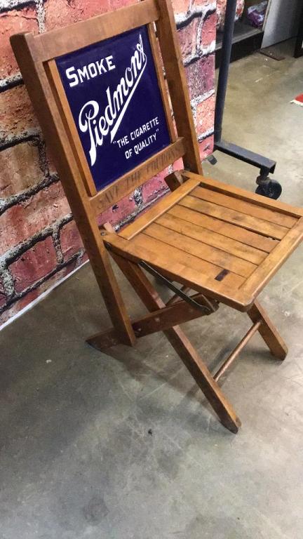Smoke Piedmont Folding Deck Chair: Enamel sign is original to the chair, original stenciling