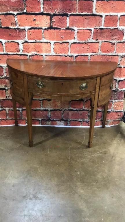 English 19th C. Demilune Console Table: Mahogany with walnut veneers, banded and dovetailed drawers string inlay, some minor veneer loss 34 tall x 48 wide x 24 deep Inv 49
