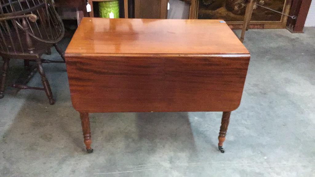 Period Sheraton Drop Leaf Table: Acanthus Carved leg, 30 tall x 38.5 wide x 24 deep 64 x 38.5 open