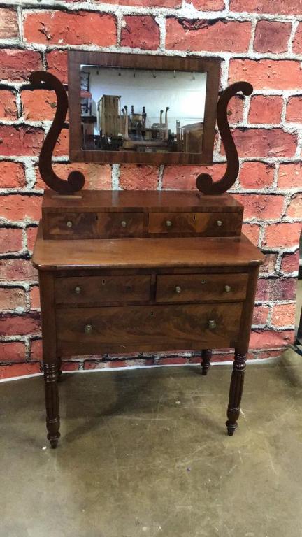 Classical Flaming Mahogany Dressing Table: W mirror Hand dovetailed drawers 58 to mirror, 32.5 to top x 33 wide x 20 deep