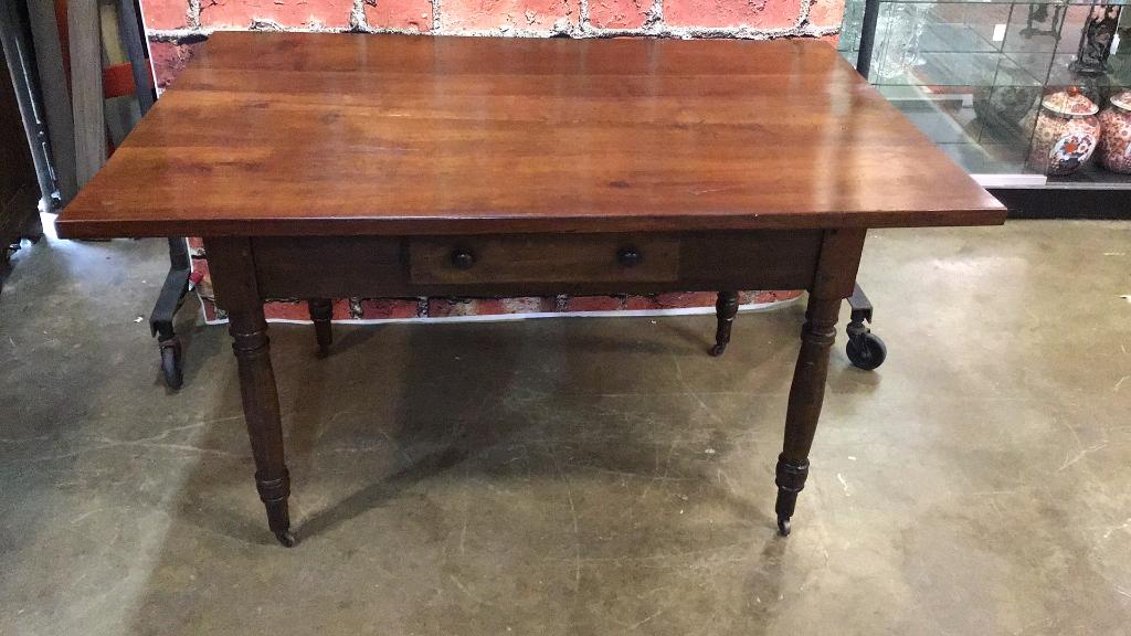 19th C Walnut 1 Drawer Work Table: Newer Top, pegged skirt, nailed drawer 32 tall x 57 long x 39 deep Inv 15