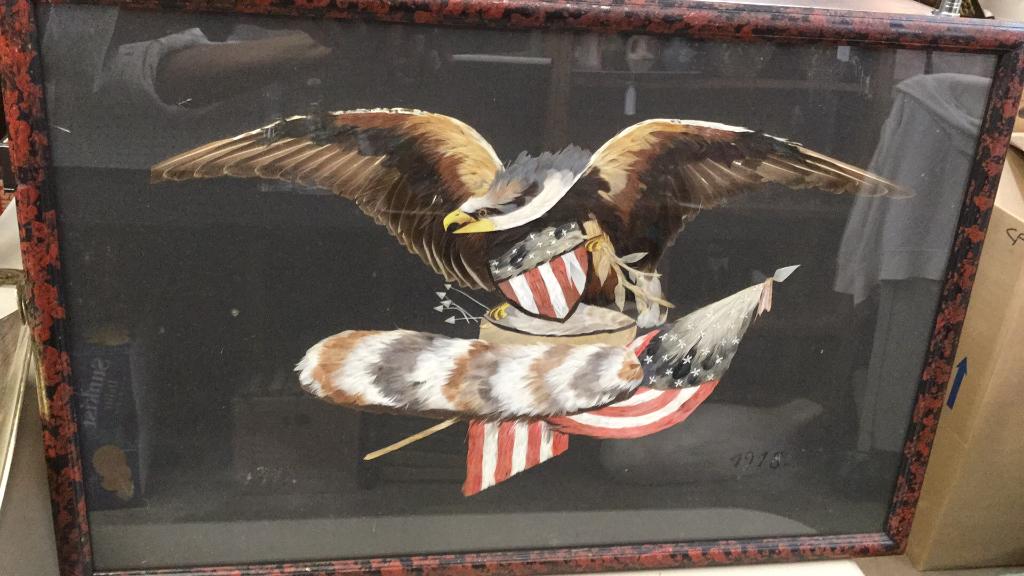 Folk Art Feather Eagle: 23 x 16 inches..depicts Eagle holding US Flag, date at lower right and left...1918....reverse note as...Remembrance of Mexico presentation piece to WH Amerland...1926... line 208