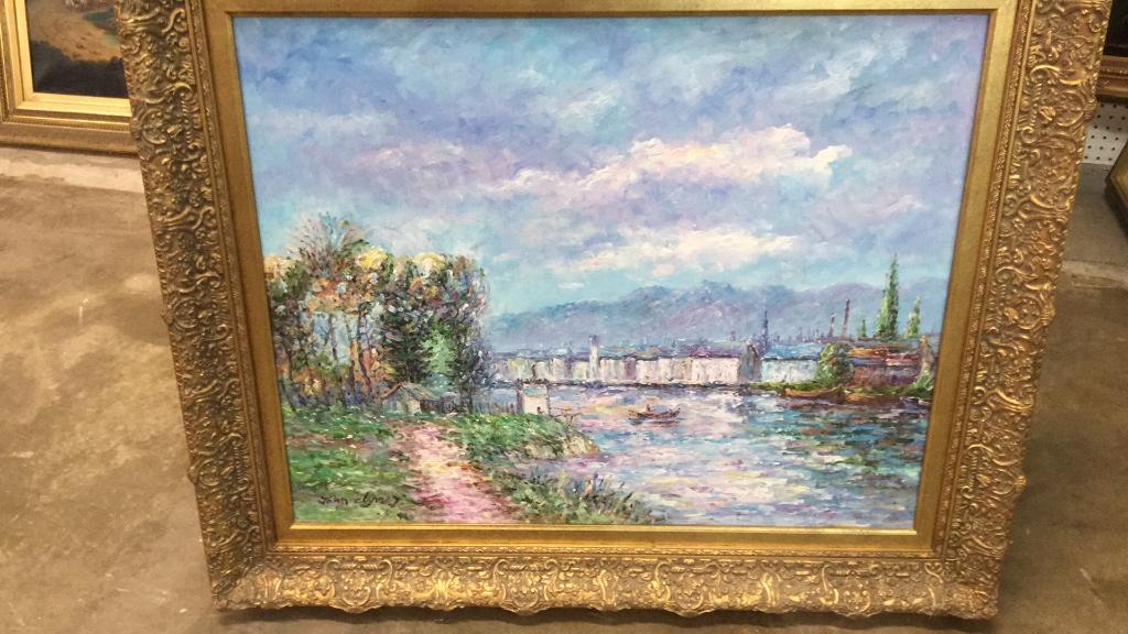 John Clymer Impressionist Painting: Cottage at waters edge, boats....25 x 24 inches sight...mounted in ornate Giltwood frame, signed lower left...