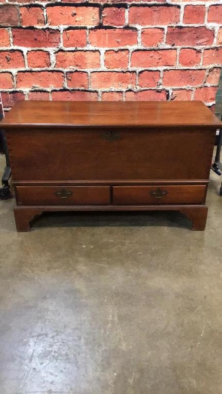 Exception Walnut Split Drawer Blanket Box: Chippendale Dovetailed case, 1810-1920, oak secondary, bracket foot , Eastern Shore, slight repair to drawers see photos, interior till, 1 board back 29 tall x 51 wide x 22 deep