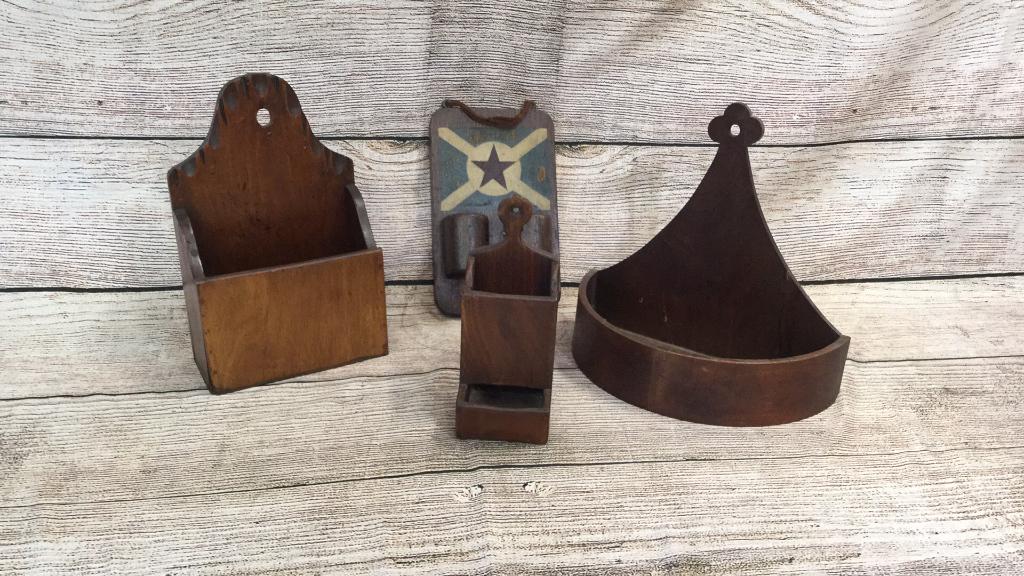 4 Pieces Folk Art, Wall Boxes: Walnut 8 x 12 wall box, 12 x 10 round front wall box, folky painted match holder wall mount, small hanging match safe Line 43