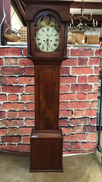 Early Walnut 30 Day Tall Case Clock: Hand painted dial w sun and moon, second and minute dial. Weights, pendulum and key are present sting inlay on base 88 tall x 19.5 x 10.5 Inv 201