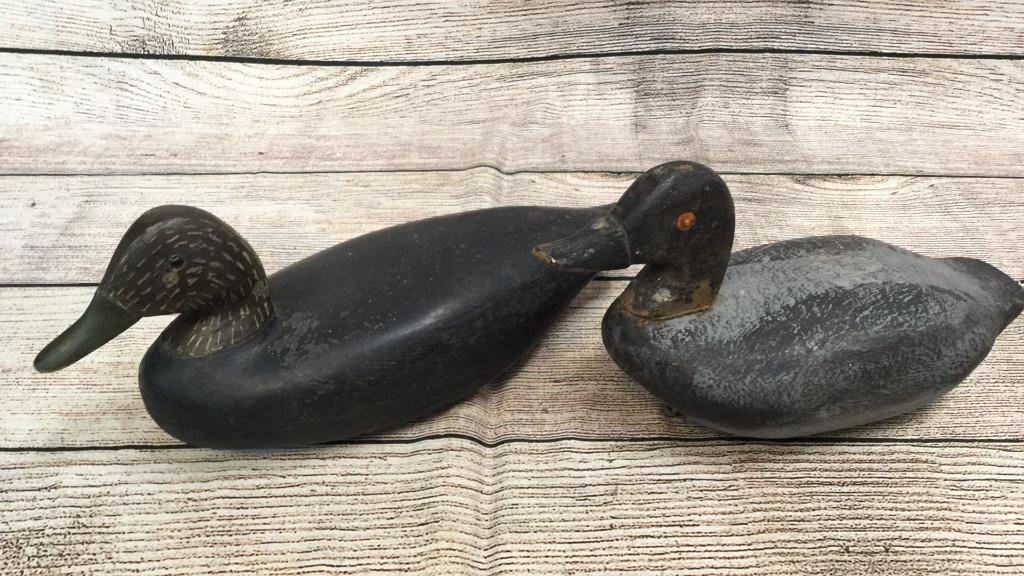 2 Duck Decoys: 16 inch with weighted base, attached old paper tag Graham or Wm. Hevers????? , 13 inch hand painted decoy, weighted base, carved BG in base...(215)