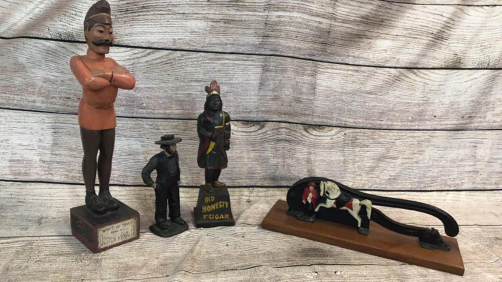 4 Recast Iron Items & Carved Boston Herald Figure: Cutter,14 long, Amish gentleman 9 tall, iron cigar store Indian 13 tall , carved figure 19 tall
